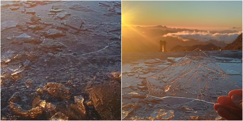 Placas de gelo que se formaram no Pico da Caledônia, com as baixas temperaturas em Nova Friburgo