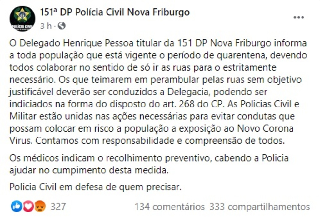 Publicação na página da 151ª DP (Nova Friburgo) no Facebook, assinada pelo delegado Henrique Pessoa 