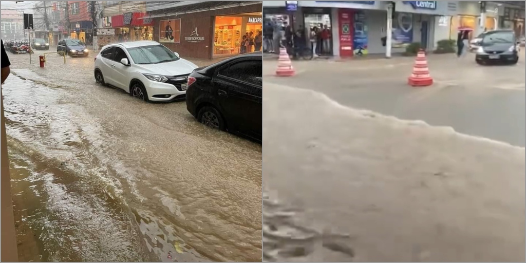 Temporal causa alagamentos em diversas ruas de Teresópolis nesta terça-feira