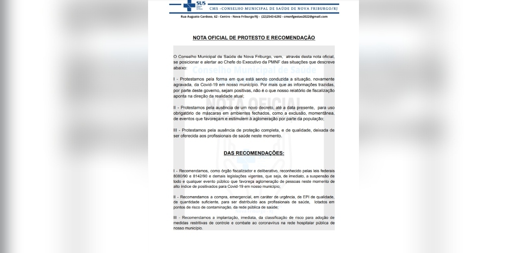 Conselho Municipal de Saúde de Nova Friburgo emite nota de protesto e recomendação