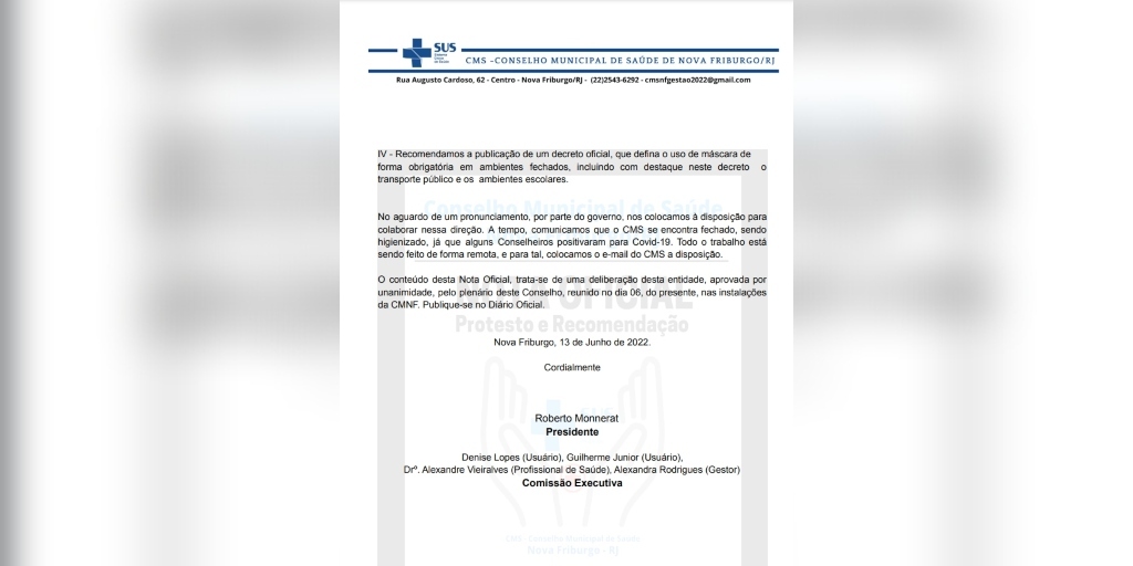 Conselho Municipal de Saúde de Nova Friburgo emite nota de protesto e recomendação