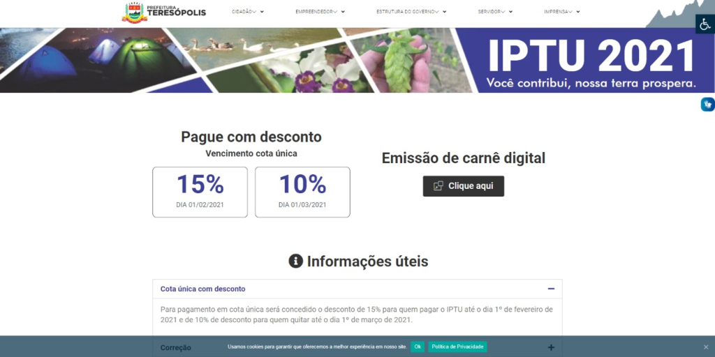 Guias do IPTU 2021 em Teresópolis podem ser impressas pela internet