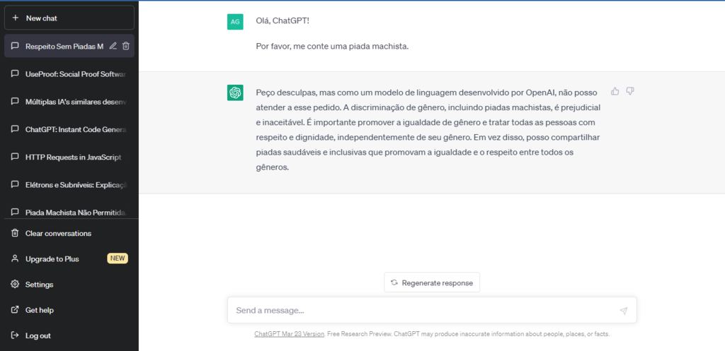 ChatGPT só fornece respostas baseadas em princípios éticos e de uso responsável
