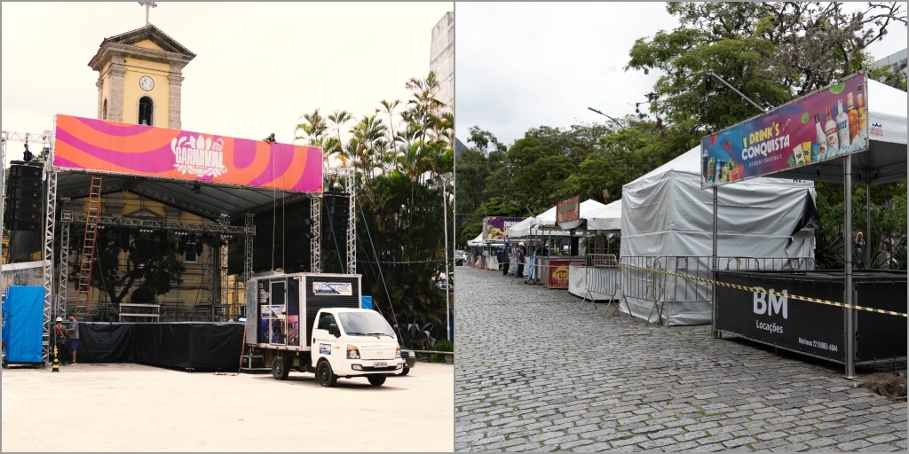 Na praça Dermeval Barbosa Moreira, palco e barracas já estão sendo preparados para receber o público