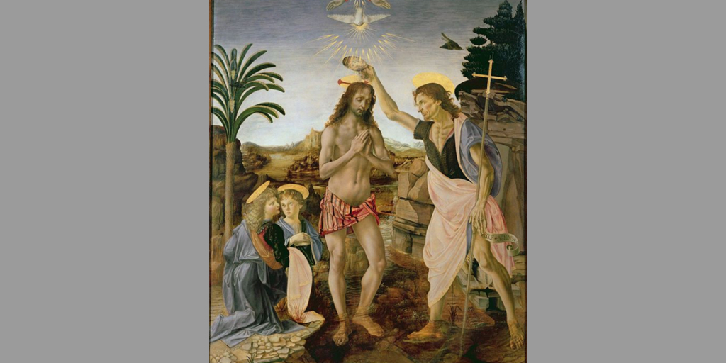 Obra "O batismo de Jesus Cristo", de Leonadro da Vinci (1472–1475)