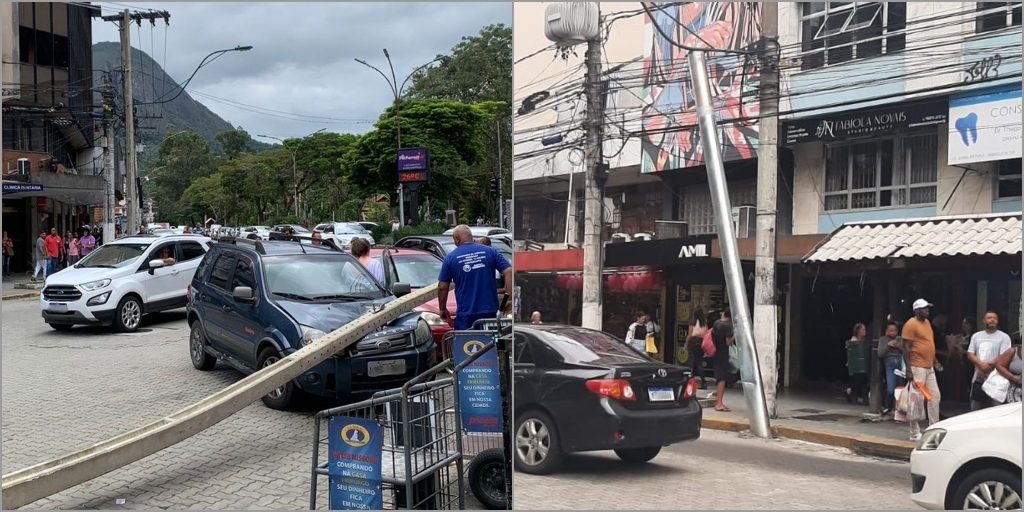 Ônibus e caminhão batem em postes, instalados para eventos, na Alberto Braune, em Friburgo