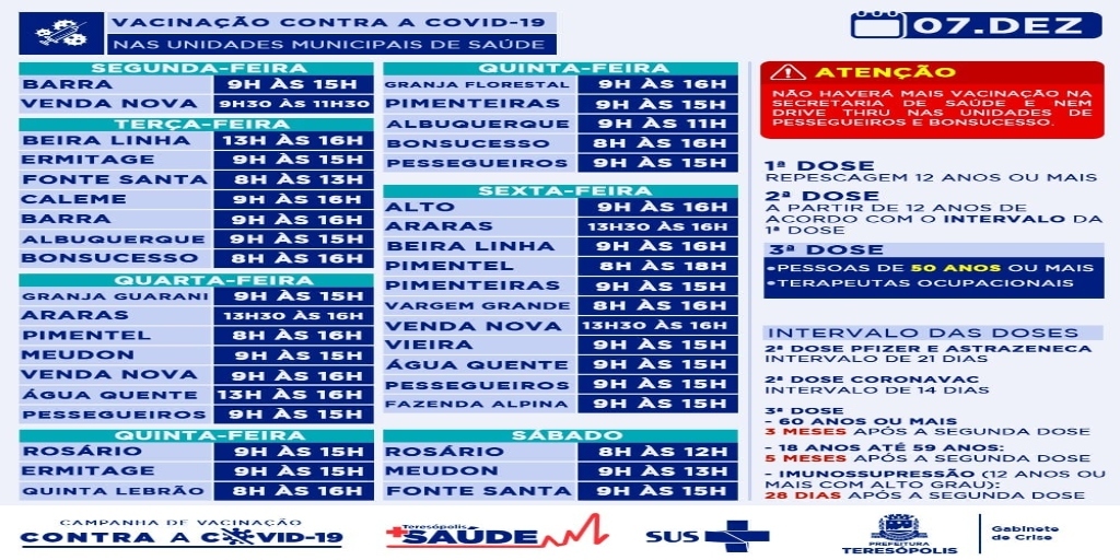 Teresópolis divulgou calendário fixo com datas e horários da vacinação contra a Covid-19 nas unidades de saúde do município