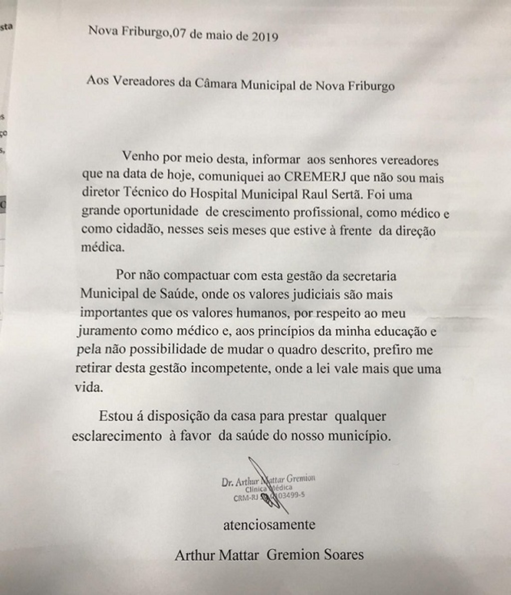 Carta enviada pelo diretor-técnico do Hospital Municipal Raul Sertã à Câmara