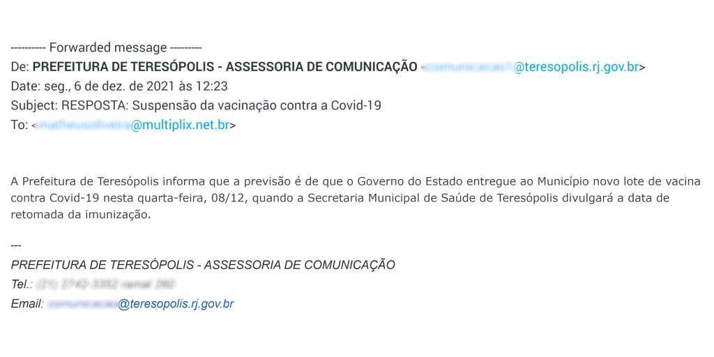 Email com resposta da prefeitura sobre a suspensão da vacinação em Teresópolis enviado ao Portal Multiplix nesta segunda