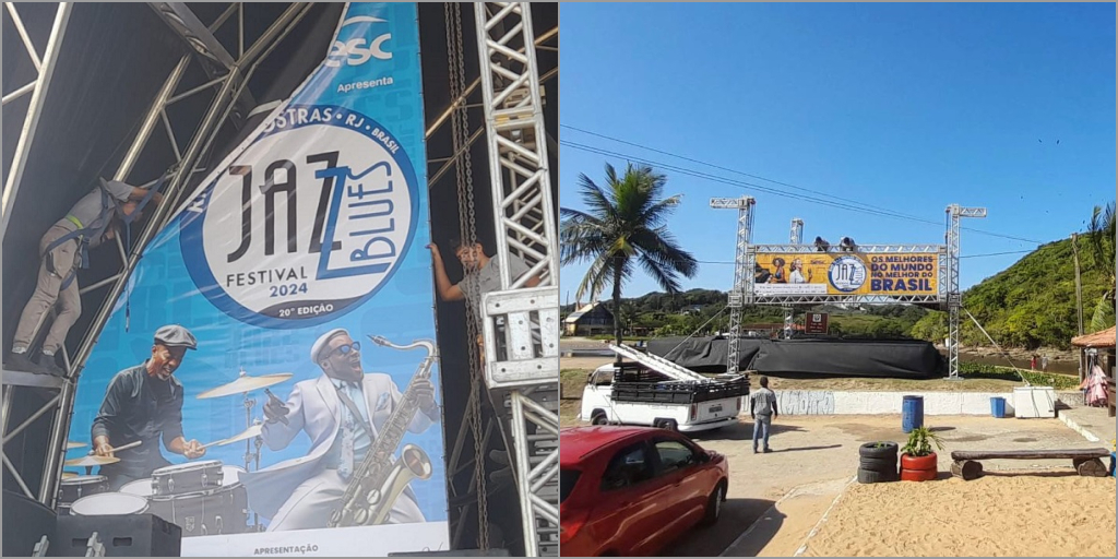 Equipe de montagem do festival de Jazz trabalhando nos preparativos