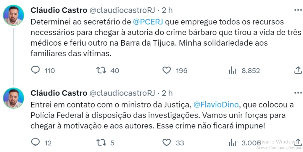 Governador do Rio de Janeiro também se manifestou pelas redes sociais sobre o caso