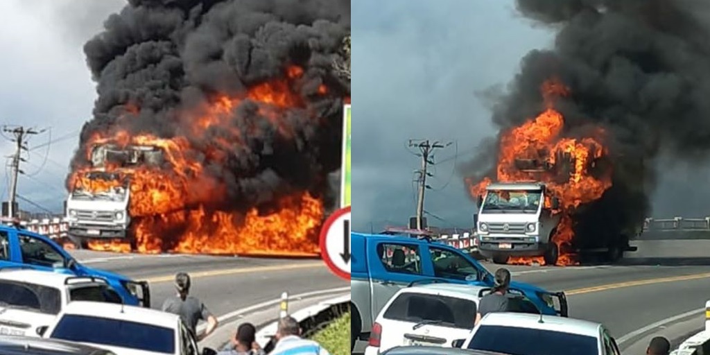 Caminhão pega fogo e deixa rodovia BR-116 em sistema de pare e siga, em Teresópolis