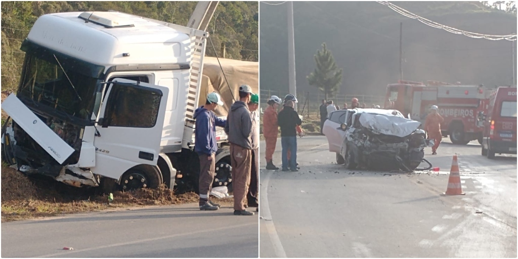 Grave acidente entre caminhão e carro deixa um morto na RJ-130, em Nova Friburgo