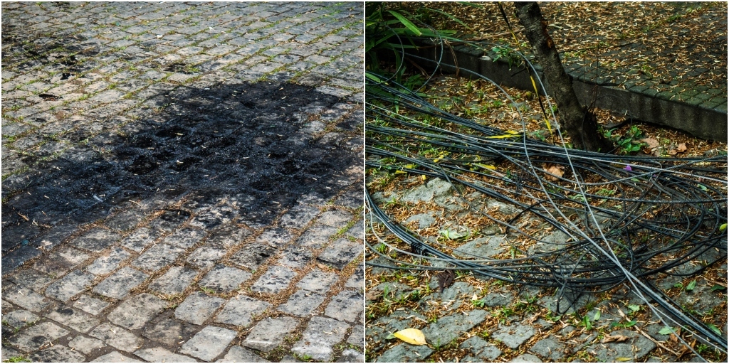 Na manhã seguinte ao acidente, muito óleo na pista e fios do poste que caiu