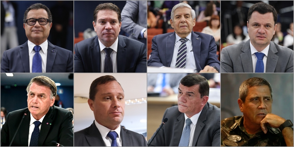 Da esquerda para direita: Almir Garnier, Alexandre Ramagem, Augusto Heleno, Anderson Torres, Jair Bolsonaro, Mauro Cid, Paulo Sérgio Nogueira e Braga Neto