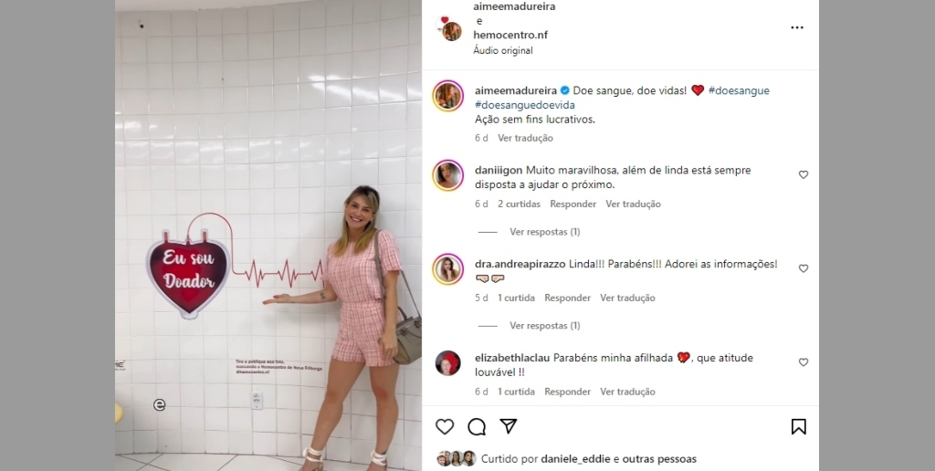  Aimée Madureira compartilhou nas redes sociais o processo de doação