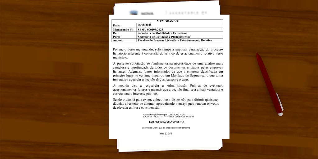 Memorando foi assinado pelo secretário municipal de Mobilidade e Urbanismo, no último dia 5 de agosto