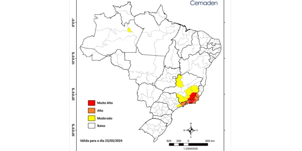 Previsão de risco geológico no Brasil para o próximo sábado, 23, segundo Cemaden-RJ