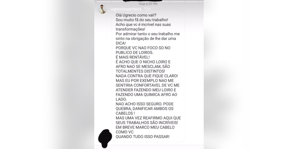 Print de uma das mensagens racistas recebidas pelo cabeleireiro