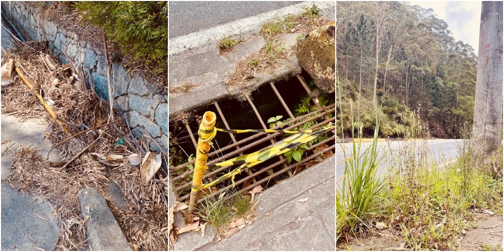 Ao longo da via, também são encontrados muitos buracos, bueiros quebrados e mato alto