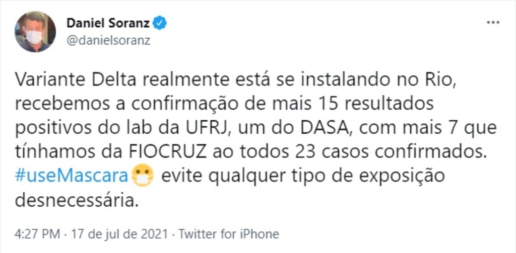 Secretário Municipal de Saúde do Rio demonstrou preocupação com o avanço da variante delta