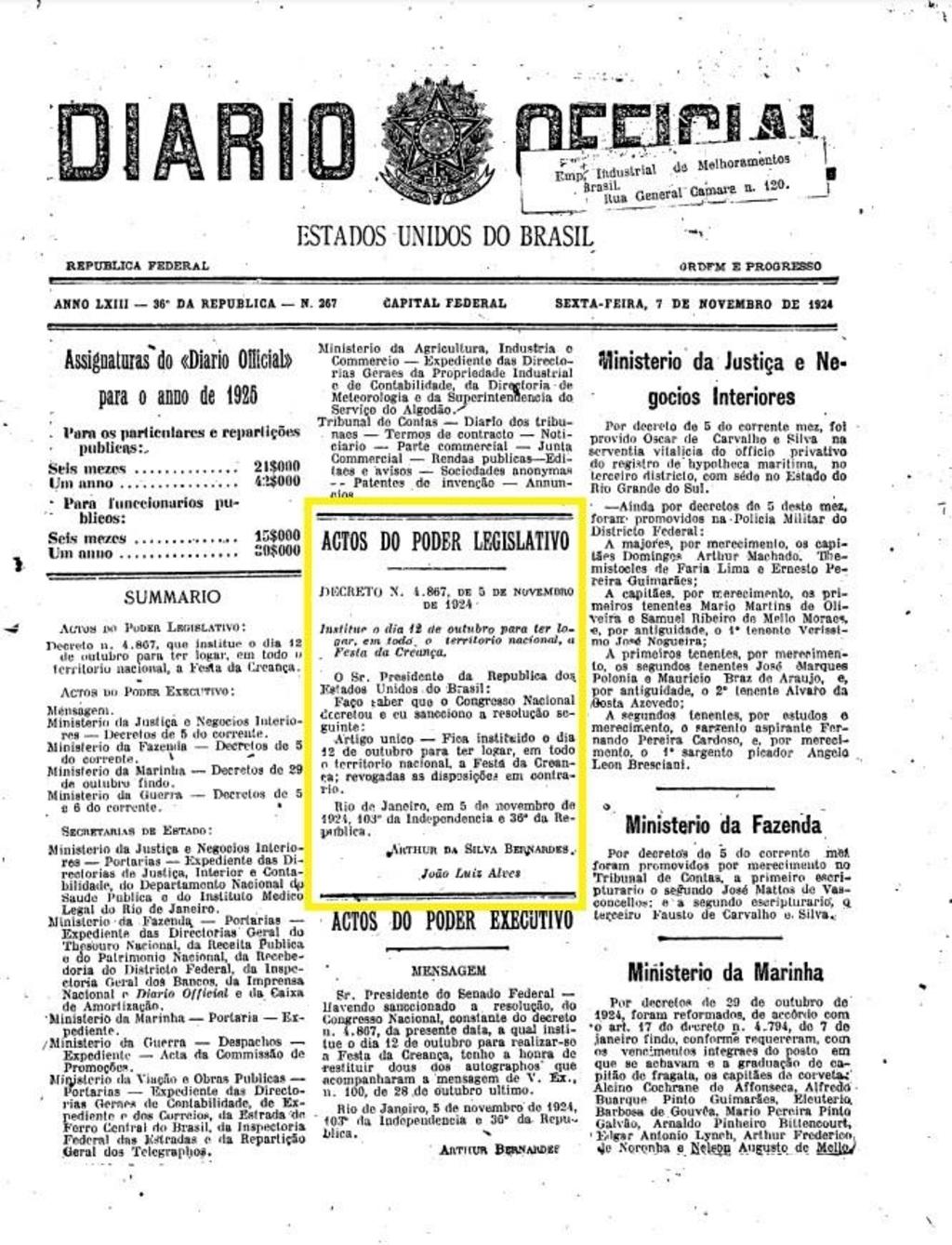 Capa do Diário Oficial da União com a criação do Dia das Crianças