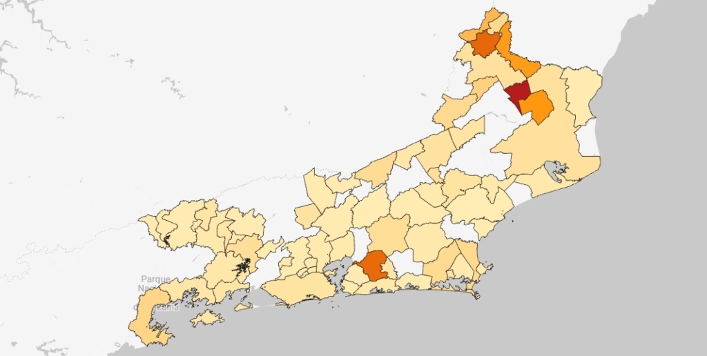 Mapa de incidência acumulada para cada uma das cidades do Estado do Rio de Janeiro