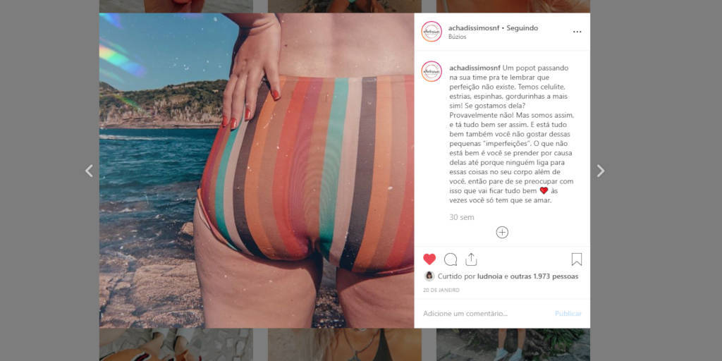 Influenciadora postou a foto em sua rede social, com legenda de incentivo à valorização do corpo real