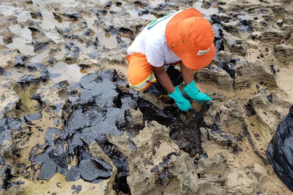 Voluntário ajuda a remover manchas de óleo em praia do Nordeste