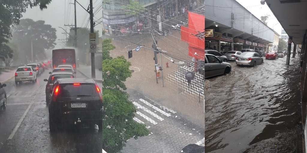 Imagens mostram engarrafamento causado pela chuva e algumas ruas do Centro de Nova Friburgo inundada