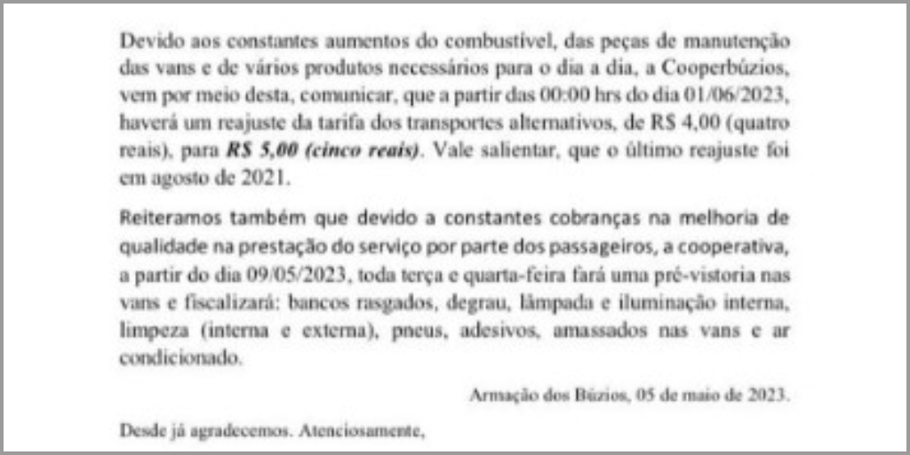 Trecho do documento emitido pela empresa na semana passada