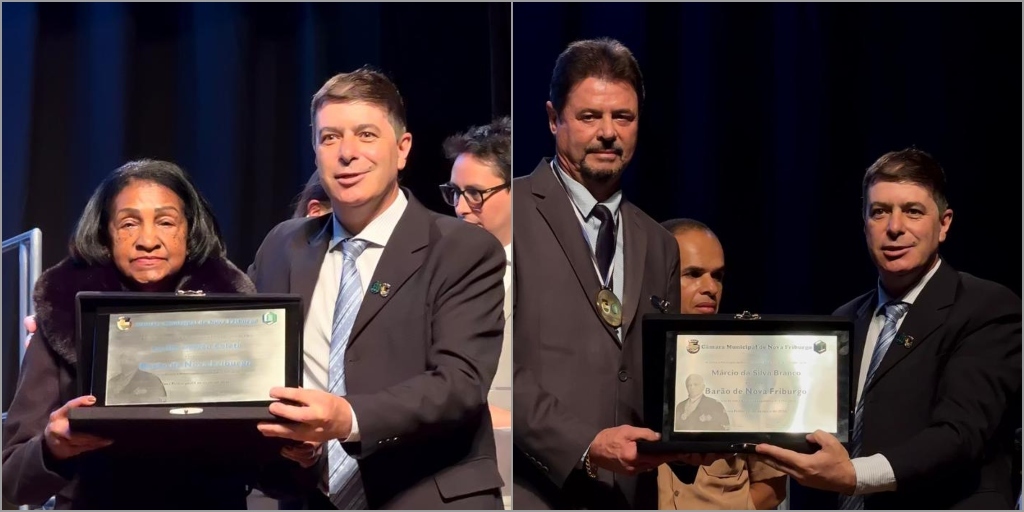 Lucília Galvão e Márcio Branco recebem Comenda Barão de Nova Friburgo em sessão solene no teatro municipal