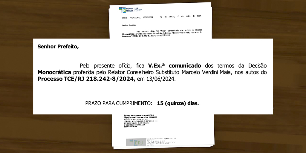 Ofício emitido pelo TCE-RJ é destinado ao prefeito de Nova Friburgo, Johnny Maycon (PL)