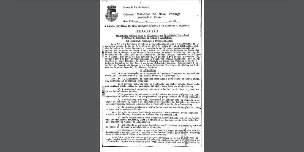 Primeira página de uma das resoluções que regulamenta a cobrança do foro e do laudêmio em Nova Friburgo