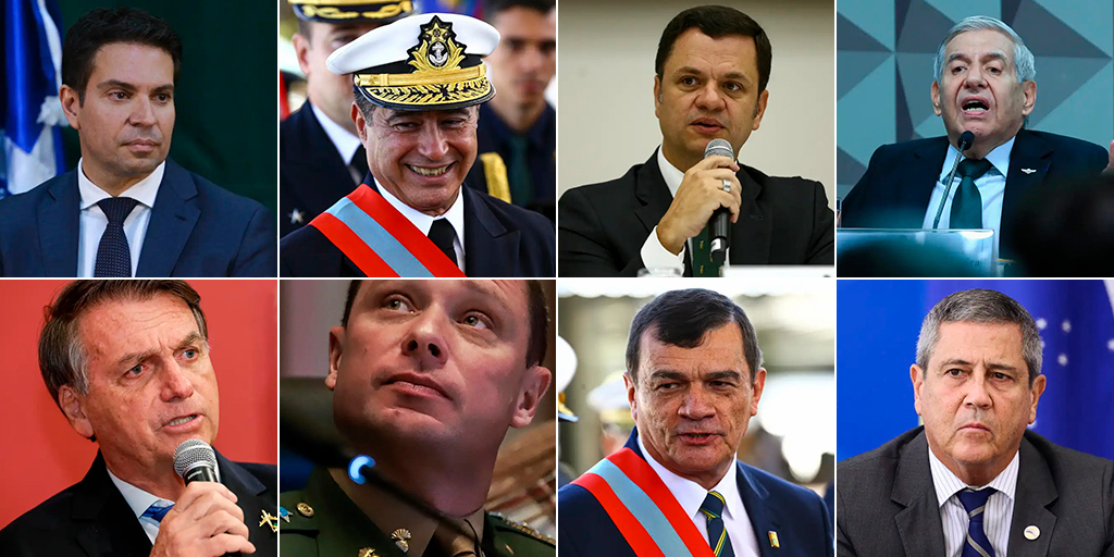 Acusados em ordem alfabética: Alexandre Ramagem, Almir Garnier, Anderson Torres, Augusto Heleno, Jair Bolsonaro, Mauro Cid, Paulo Sérgio Nogueira e Walter Braga Netto 