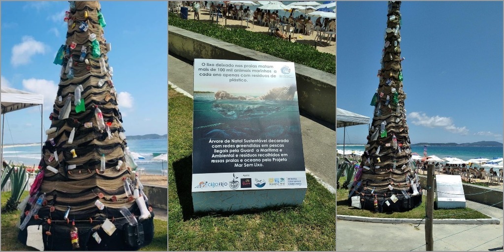 Lixo e rede de pesca recolhidos em praias de Cabo Frio viram árvore de Natal no Peró