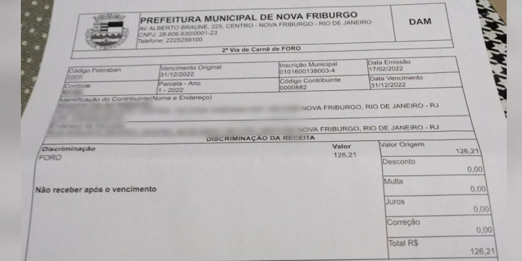 Cobrança de foro da casa da aposentada Carlota, no Centro, no valor de R$ 126,21