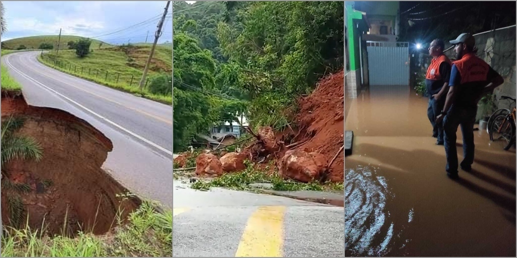 Cratera em estrada, quedas de barreiras e alagamentos são registrados na Região Serrana