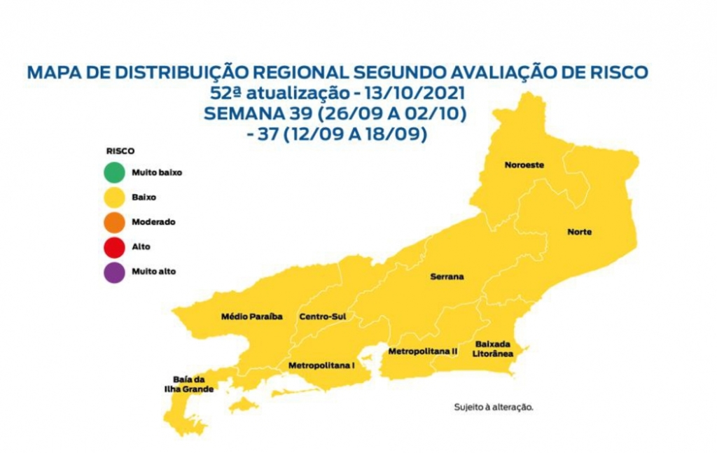 Mapa mostra estado do Rio de Janeiro com todas as regiões em amarelo com baixo risco 