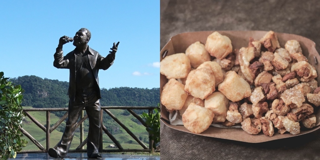 Estátua em homenagem ao cantor Martinho da Vila e prato do Festival do Aipim com Torresmo