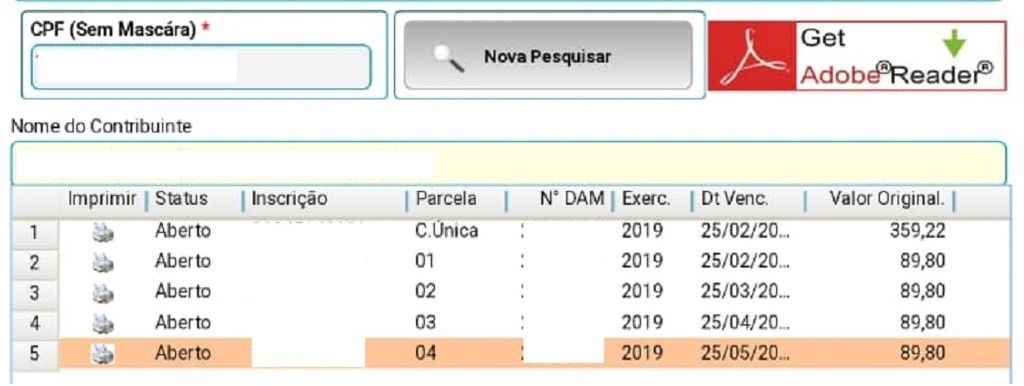 Valor reajustado do ISS, de R$ 359,00, já aparece como cobrança para um taxista no site da prefeitura