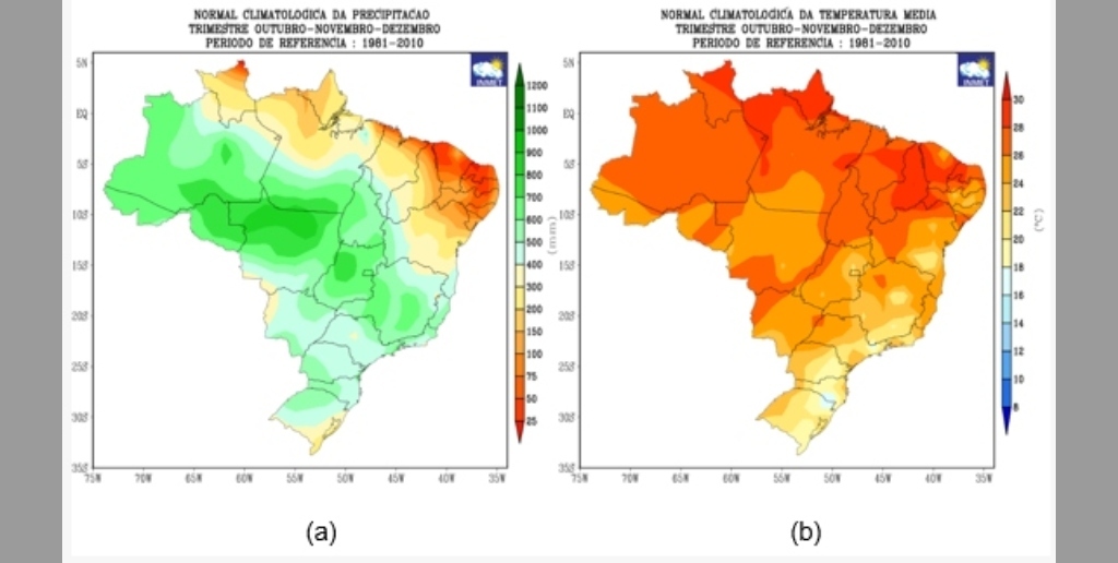 Climatologia (média) de precipitação (chuva) e temperatura média do ar para o trimestre outubro, novembro e dezembro