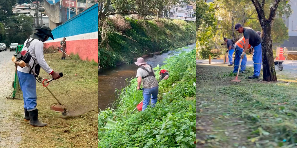 Aproximadamente 20 servidores municipais realizaram serviços de capina, roçada, limpeza e recolhimento de entulho no último domingo, 15
