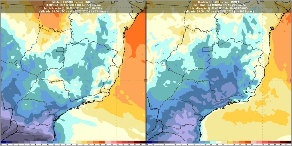 Previsão de temperaturas mínimas para quarta-feira, 2, (primeira foto) e sexta-feira, 5 (segunda foto) 