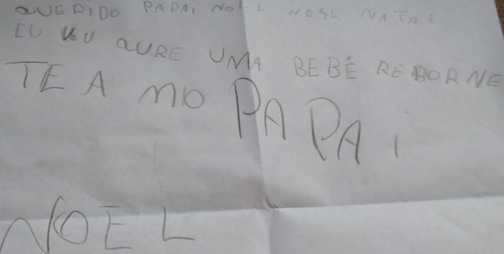 Cartinha de uma criança pedindo uma boneca 