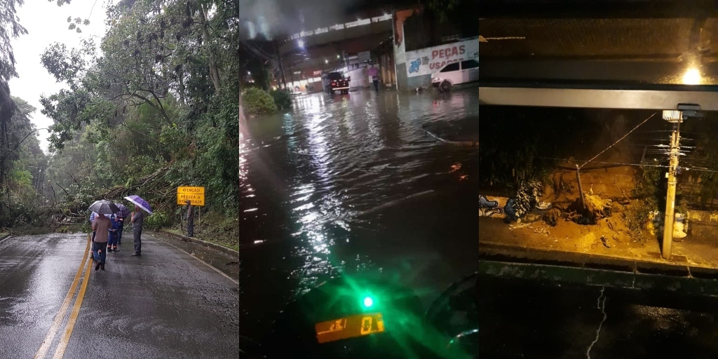 Chuva forte alaga ruas, causa deslizamentos e quedas de árvores em Nova Friburgo