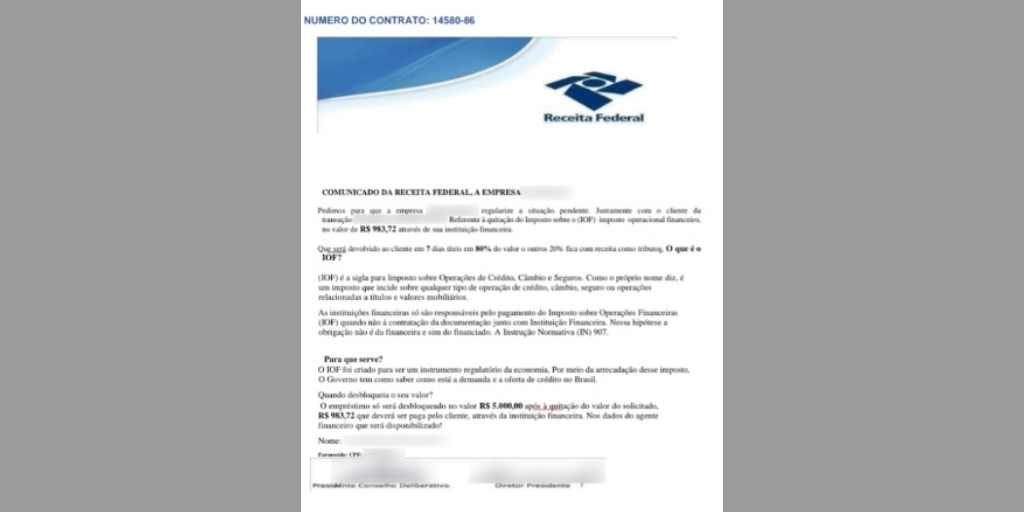 Falsos comunicados também são enviados a empresas solicitando o pagamento das taxas de IOF 