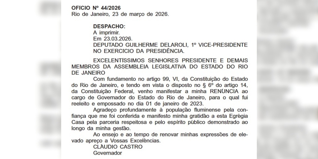 Pedido de renúncia enviado à Alerj foi publicado em Diário Oficial nesta terça-feira, 24