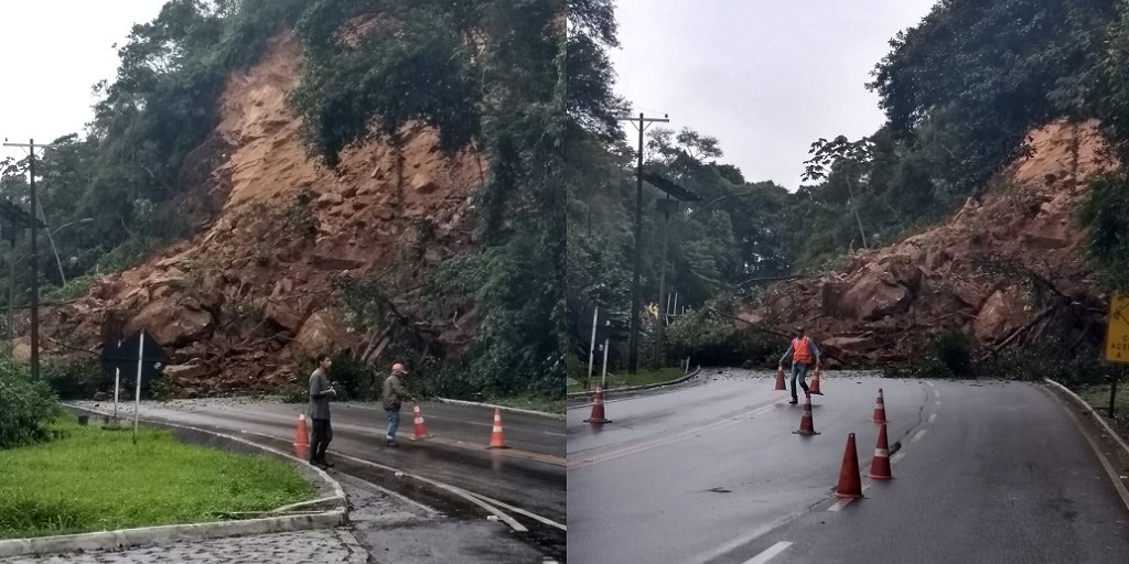 Queda de barreira fecha trecho da RJ-116 em Cachoeiras de Macacu; veja momento do deslizamento