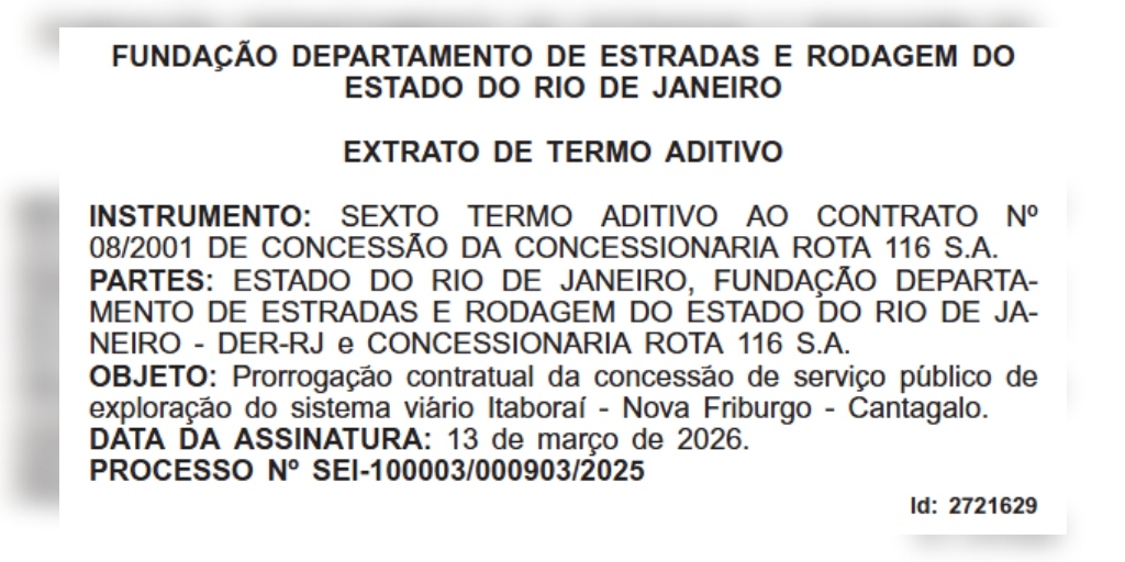Sexto termo aditivo foi publicado no Diário Oficial do Estado do Rio de Janeiro no dia 17 de março